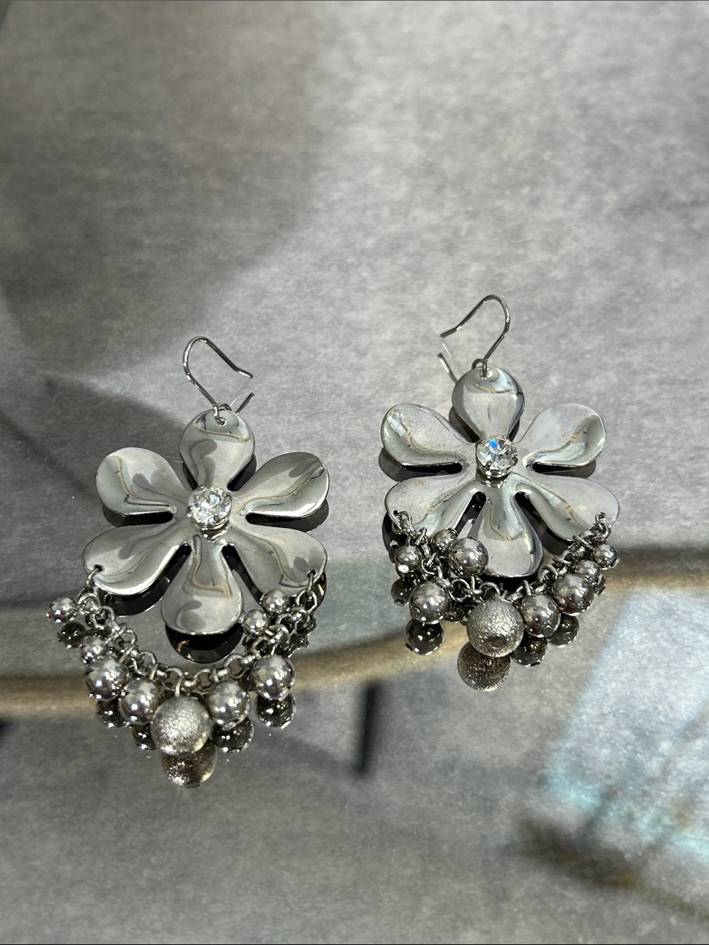 Silver Floral Drop Earrings with Crystal Accent